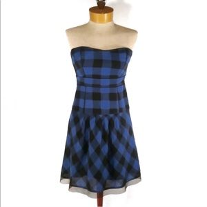 American Eagle Blue Buffalo Plaid Strapless Dress